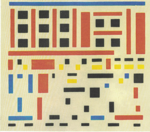 Bart van der Leck, <em>Composición 1917 núm. 4 (saliendo de la fábrica)</em>, de 1917, óleo sobre lienzo”/</p>
<p class=